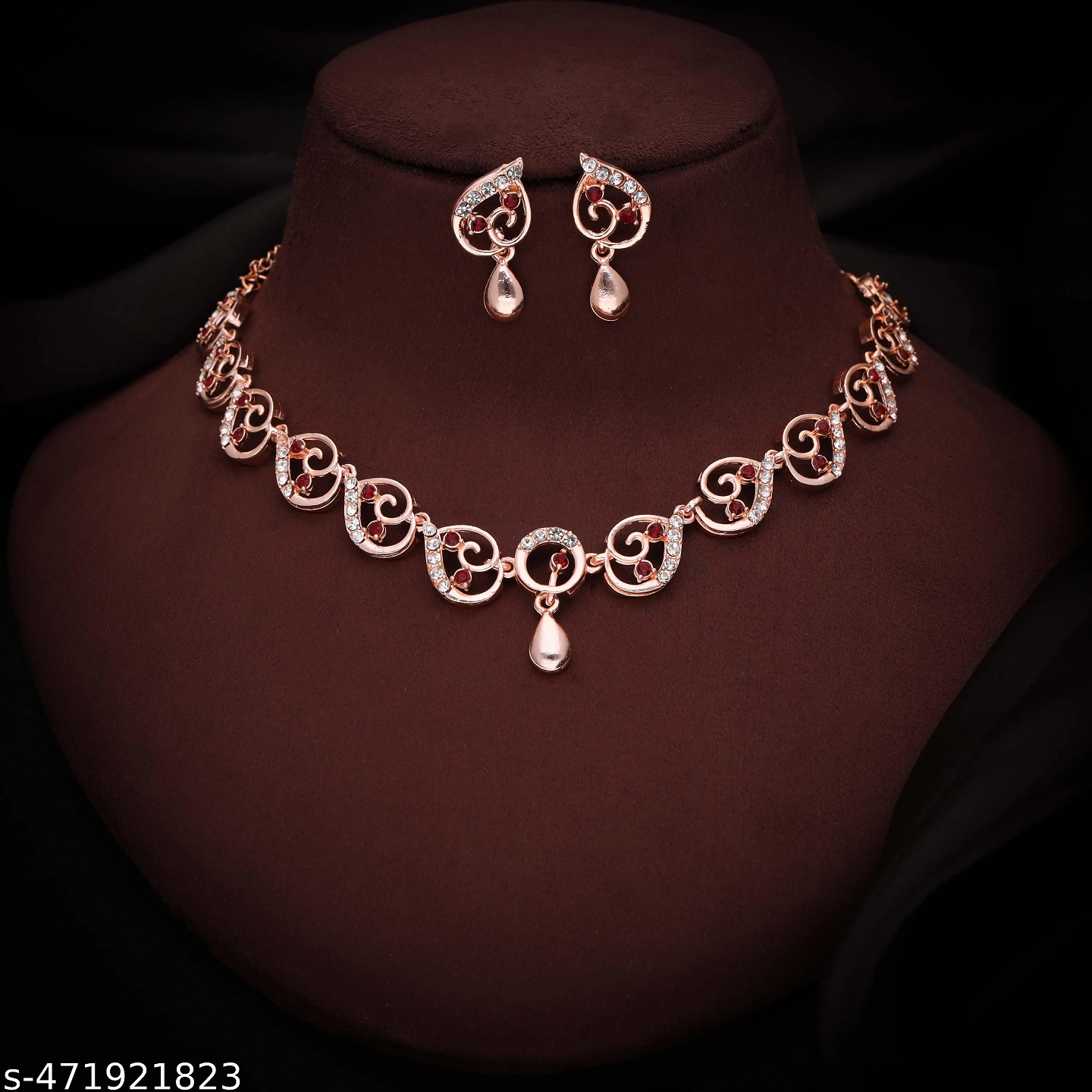 Rose Gold-Plated with Maroon Artificial Stone Studded Necklace Jewellery set For Women